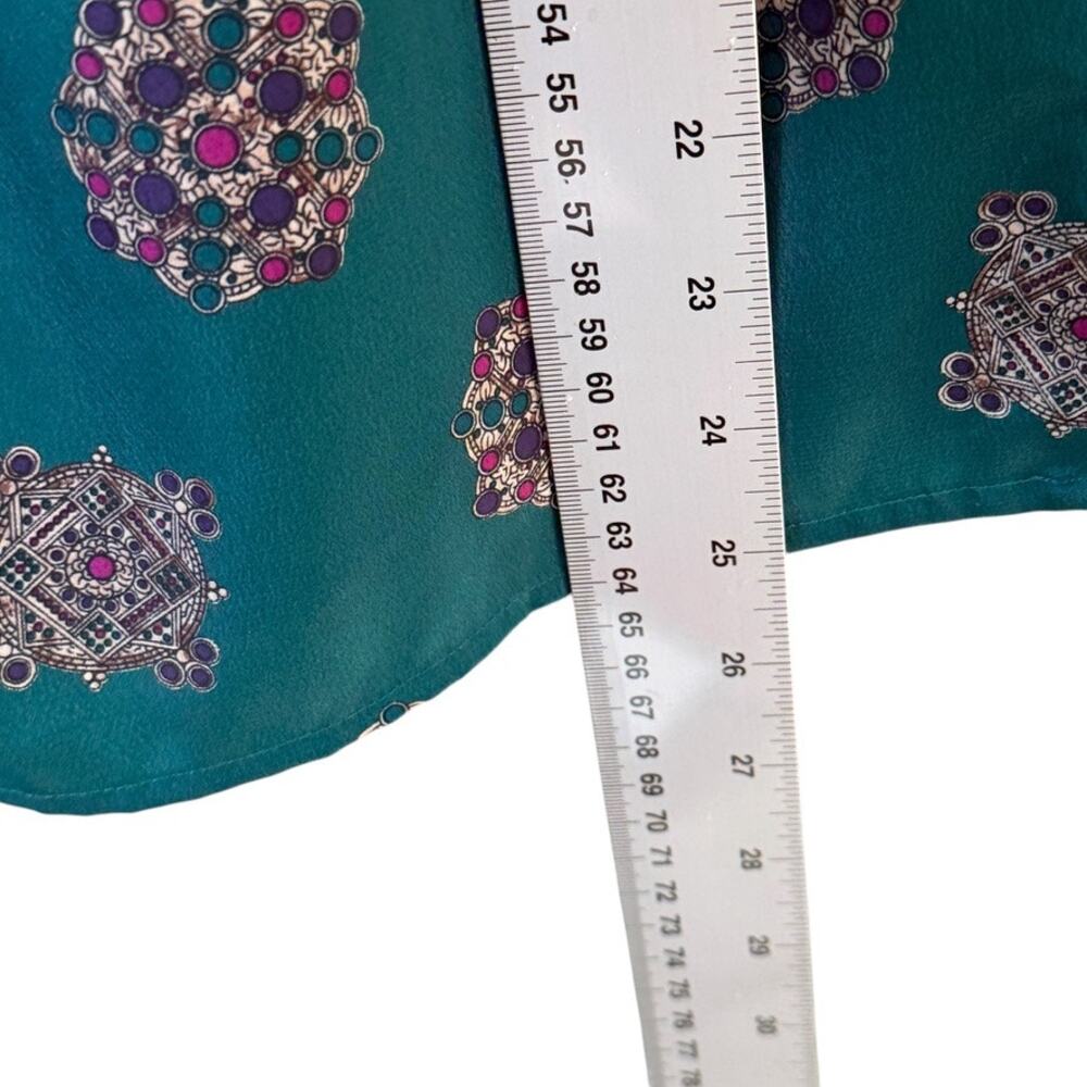 Fashion Update Blouse Womens SZ M Teal Green Medallion Geometric Silk Look Retro - Picture 6 of 11